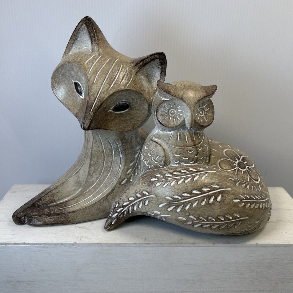 Fox Owl Woodland Figurine Faux Carved Wood, Resin Folk Art Floral 9 Inch Rustic